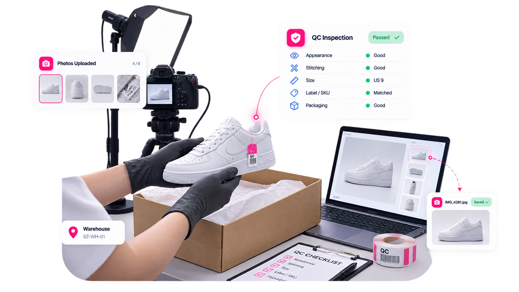Warehouse QC and product photography station with digital inspection and photo upload overlays